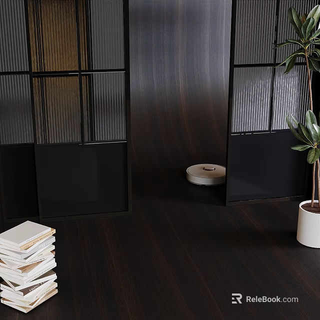 Modern Sliding Doors With Black Frames Glass Panels And Dark Wooden Interior Space 3d model 