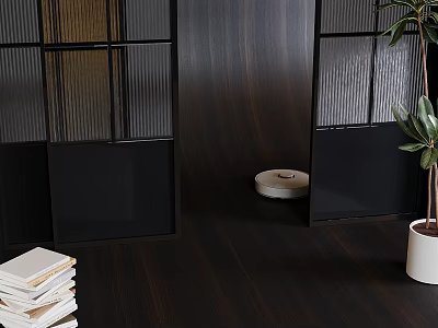 Modern Sliding Doors With Black Frames Glass Panels And Dark Wooden Interior Space 3d model