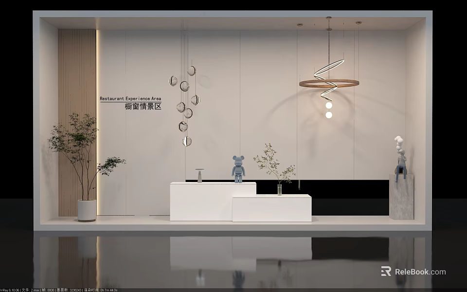 Stylish Modern Pendant Lights In Contemporary Interior With White Counter And Green Plants 3d model 