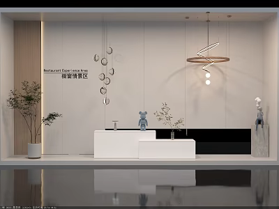 Stylish Modern Pendant Lights In Contemporary Interior With White Counter And Green Plants 3d model