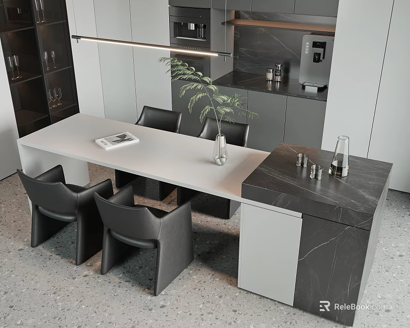 Modern Kitchen Dining Table Set With Gray Marble Top Black Chairs And Green Plant 3d model 