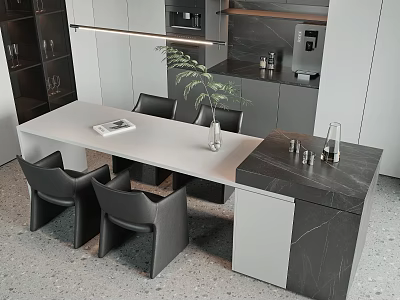 Modern Kitchen Dining Table Set With Gray Marble Top Black Chairs And Green Plant 3d model