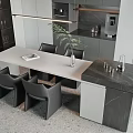 Modern Kitchen Dining Table Set With Gray Marble Top Black Chairs And Green Plant