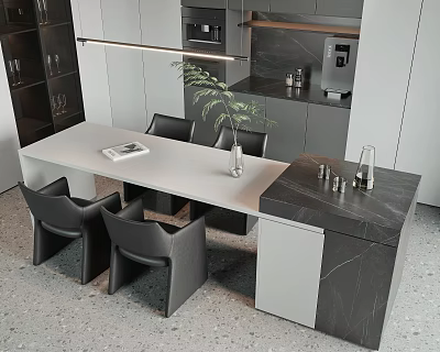 Modern Kitchen Dining Table Set With Gray Marble Top Black Chairs And Green Plant 3d model