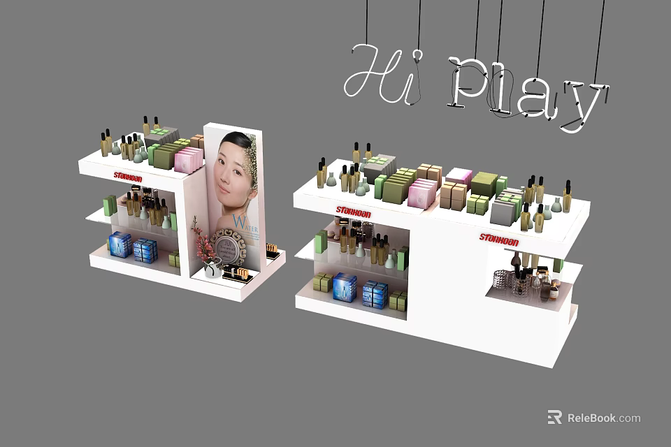 Hi Play Cosmetics Display Shelves with Various Beauty Products and Advertising Poster 3d model 