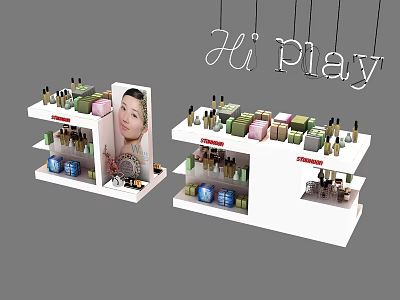Hi Play Cosmetics Display Shelves with Various Beauty Products and Advertising Poster 3d model