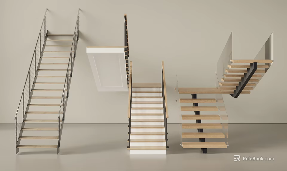 Modern Stairs With Various Designs Featuring Wooden Treads And Metal Handrails 3d model 