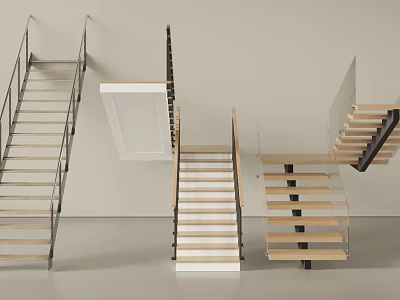 Modern Stairs With Various Designs Featuring Wooden Treads And Metal Handrails 3d model