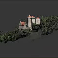 Miniature Castle Model with Red Towers Green Trees Grass and Curved Pathway