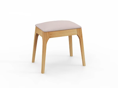Minimalist Wooden Stool With Light Gray Upholstered Seat And Curved Legs 3d model