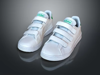 White Casual Sneakers With Velcro Straps And Green Logo On Tongue 3d model