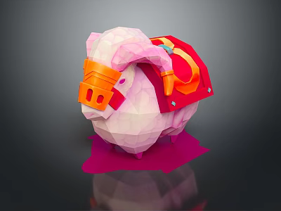 Low Poly Style Pink Pig Character With Orange Helmet And Red Cape 3d model