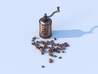 Vintage Coffee Grinder With Scattered Coffee Beans On Light Blue Surface 3d model