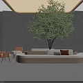 Stylish Curved Banquette Sofa In Modern Interior With Large Green Plant And Orange Chairs