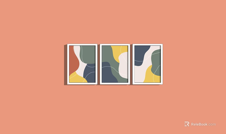 Three Colorful Abstract Framed Wall Art Prints On Orange Background Decor 3d model 