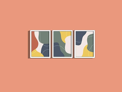 Three Colorful Abstract Framed Wall Art Prints On Orange Background Decor 3d model