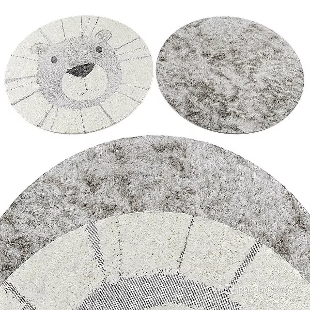 Round Gray Area Rug Featuring Lion Face Design Soft Fluffy Texture 3d model