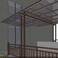 Gray Building Balcony Awning With Metal Frame Transparent Roof And Wooden Railing