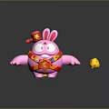 Pink Rabbit Game Movie Character with Red Star Hat Big Eyes Chest and Yellow Ball