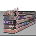 Retail Product Display On Multi Layered Shelf With Pink Cherry Blossom Decorations Pastel Colored Packages