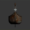 Vintage Wooden Boat With Weathered Hull Curved Bow Stern Decorations And Hanging Glass Lantern
