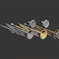 Various Colored Trumpets And Art Supplies Display On Reflective Black Background