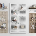 Stylish Wall Decor Featuring Multi Colored Pegboards With Shelves Decorative Items And 3d model