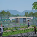 Dusk Arch Bridge Over Lake With Willow Trees Lotus Flowers Distant Mountains Mist And People
