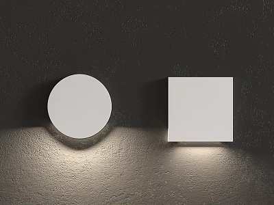 Modern Wall Mounted Round And Square White Decorative Lighting On Dark Textured Wall 3d model
