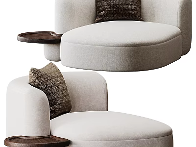 Modern Round Beige Single Sofa With Brown Cushion And Wooden Side Table 3d model