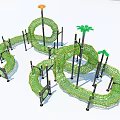 Green Net Structure Playground Equipment With Curved Pathways And Palm Tree Decorations 3d model