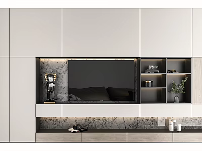 Modern TV Cabinet Interior With Built in TV Open Shelves Marble Panel And Drawer Storage 3d model