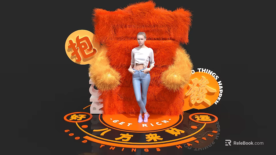 Orange Plush Bear Decorative Setup With Get Rich Fortune And Woman Standing 3d model 