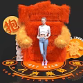 Orange Plush Bear Decorative Setup With Get Rich Fortune And Woman Standing