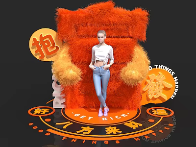 Orange Plush Bear Decorative Setup With Get Rich Fortune And Woman Standing 3d model