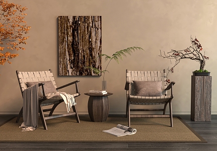 Quiet Style Leisure Chair Tea Table Hanging Paintings Bonsai 3d model