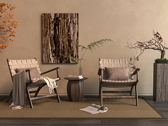 Quiet Style Leisure Chair Tea Table Hanging Paintings Bonsai 3d model