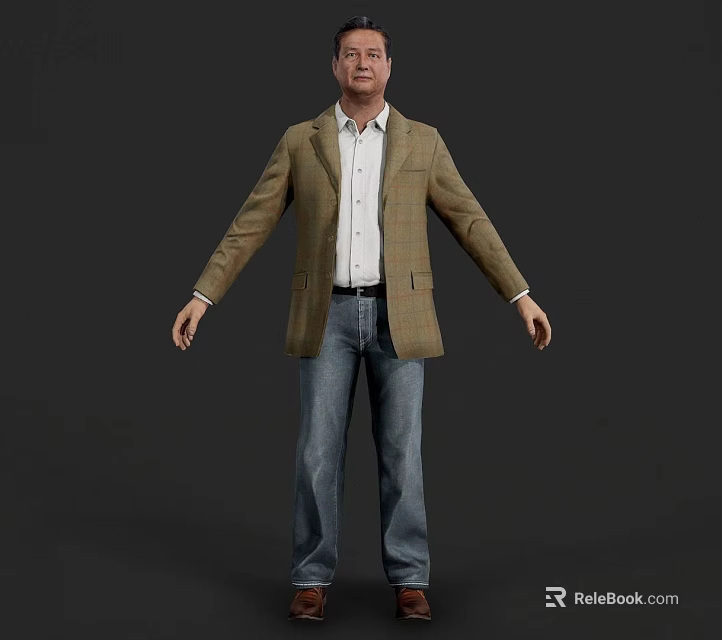 Man In Brown Plaid Blazer White Shirt Blue Jeans With Arms Outstretched Against Dark Background 3d model 