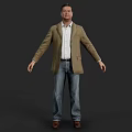 Man In Brown Plaid Blazer White Shirt Blue Jeans With Arms Outstretched Against Dark Background