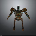 Robot Character With Rusty Metal Body Blue Glowing Lines Mechanical Joints And Detailed Design