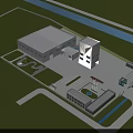 Industrial Factory 3D Model Aerial View With Parking Area And Green Space Layout