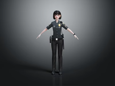 3D Model Of Female Police Officer In Uniform With Badge Utility Belt And Arms Outstretched 3d model