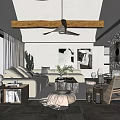 Hotel Room Interior With Wooden Ceiling Fan Comfortable Sofa Green Plants And Decorative Artworks