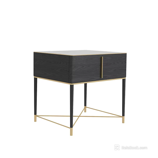 Modern Black Wooden Nightstand With Gold Handle Drawer And Metal Frame Legs 3d model 