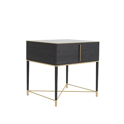 Modern Black Wooden Nightstand With Gold Handle Drawer And Metal Frame Legs 3d model