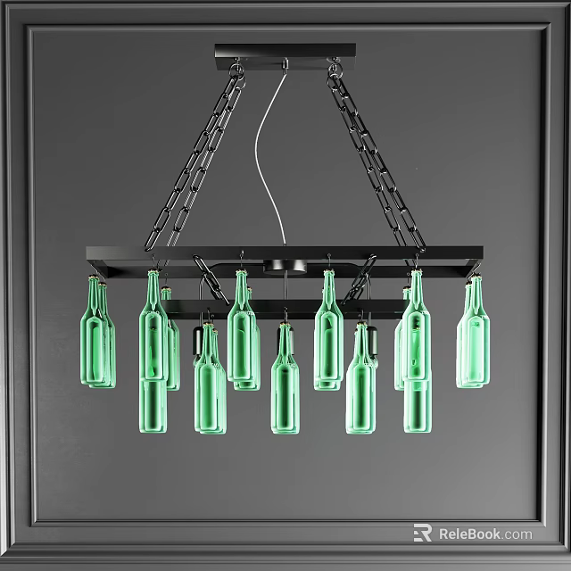 Creative Chandelier Made With Green Glass Bottles And Black Chains On Black Frame 3d model 