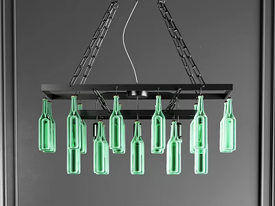 Creative Chandelier Made With Green Glass Bottles And Black Chains On Black Frame 3d model