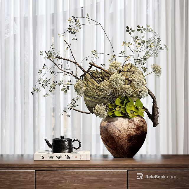 Rustic Ceramic Vase With White Flowers Green Leaves And Branches In Living Room Interior 3d model 