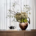 Rustic Ceramic Vase With White Flowers Green Leaves And Branches In Living Room Interior