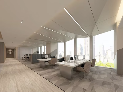 Modern Public Office Space With Open Layout Large Windows City View Work Desks And Chairs 3d model